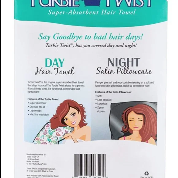 Turbie Twist Microfiber Day Hair Towel Night Satin Pillow Case Set Of 2 Pk - Picture 2 of 5